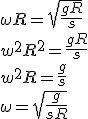 \omega R=\sqrt{\frac{gR}{s}}\\w^2R^2=\frac{gR}{s}\\w^2R=\frac{g}{s}\\\omega=\sqrt{\frac{g}{sR}}